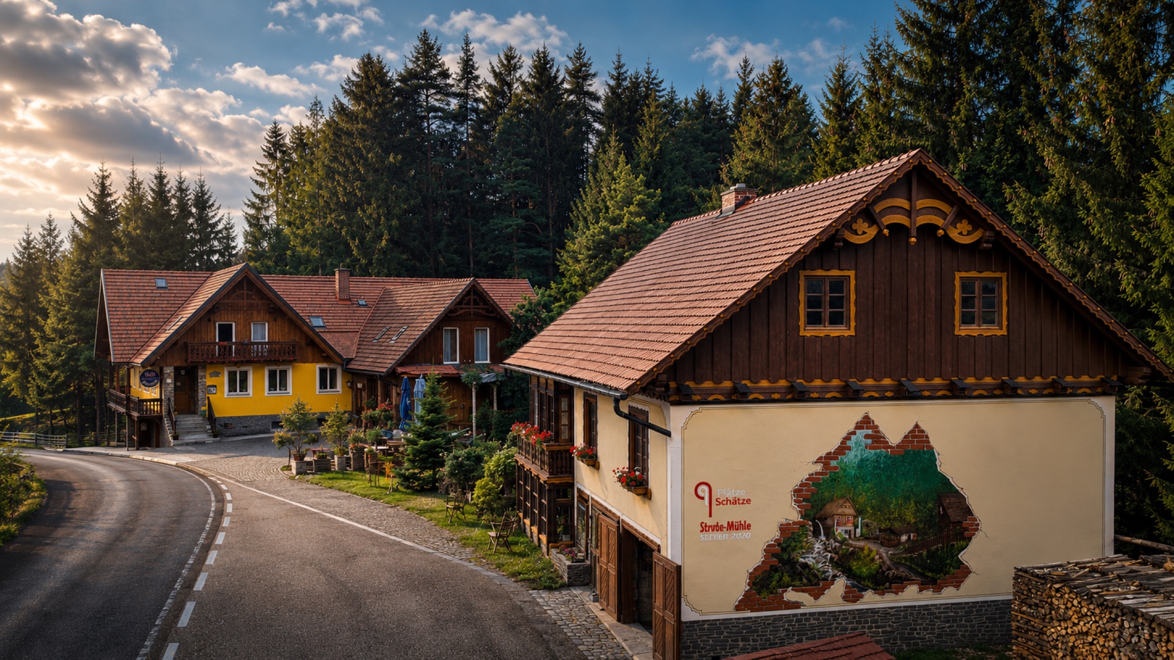 Alpengasthof Strutz mit Strutz-Mühle im Abendlicht