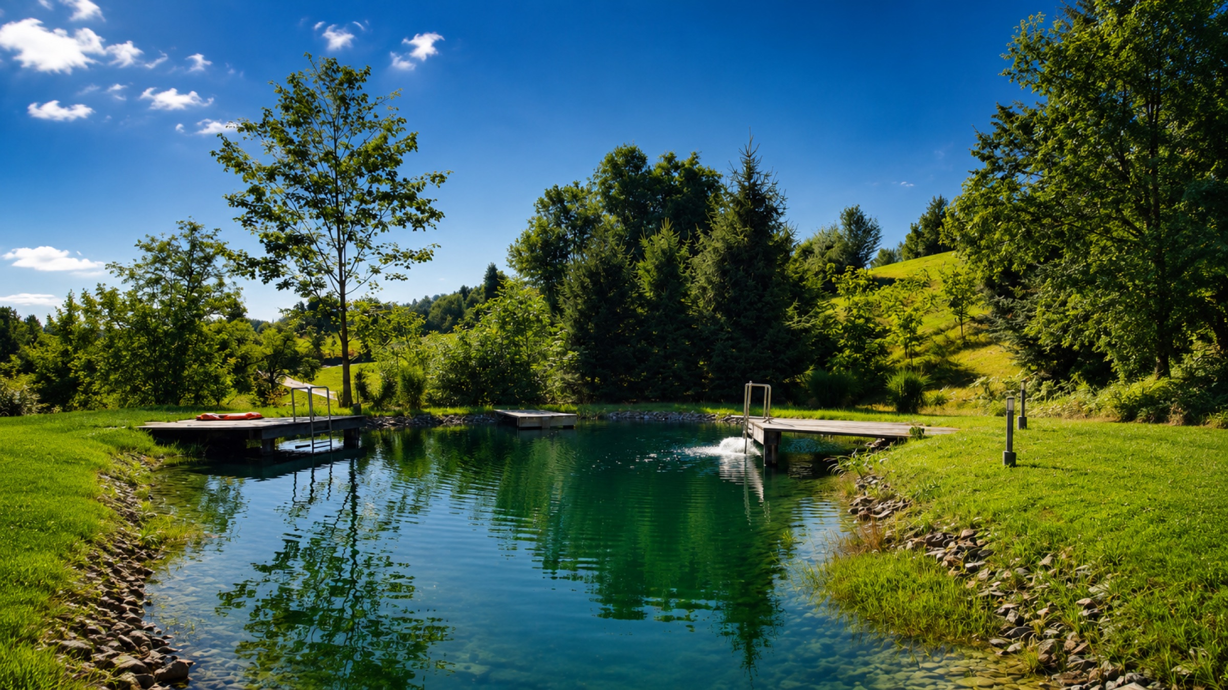 Tiny House am Teich — Naturschwimmteich am Tag